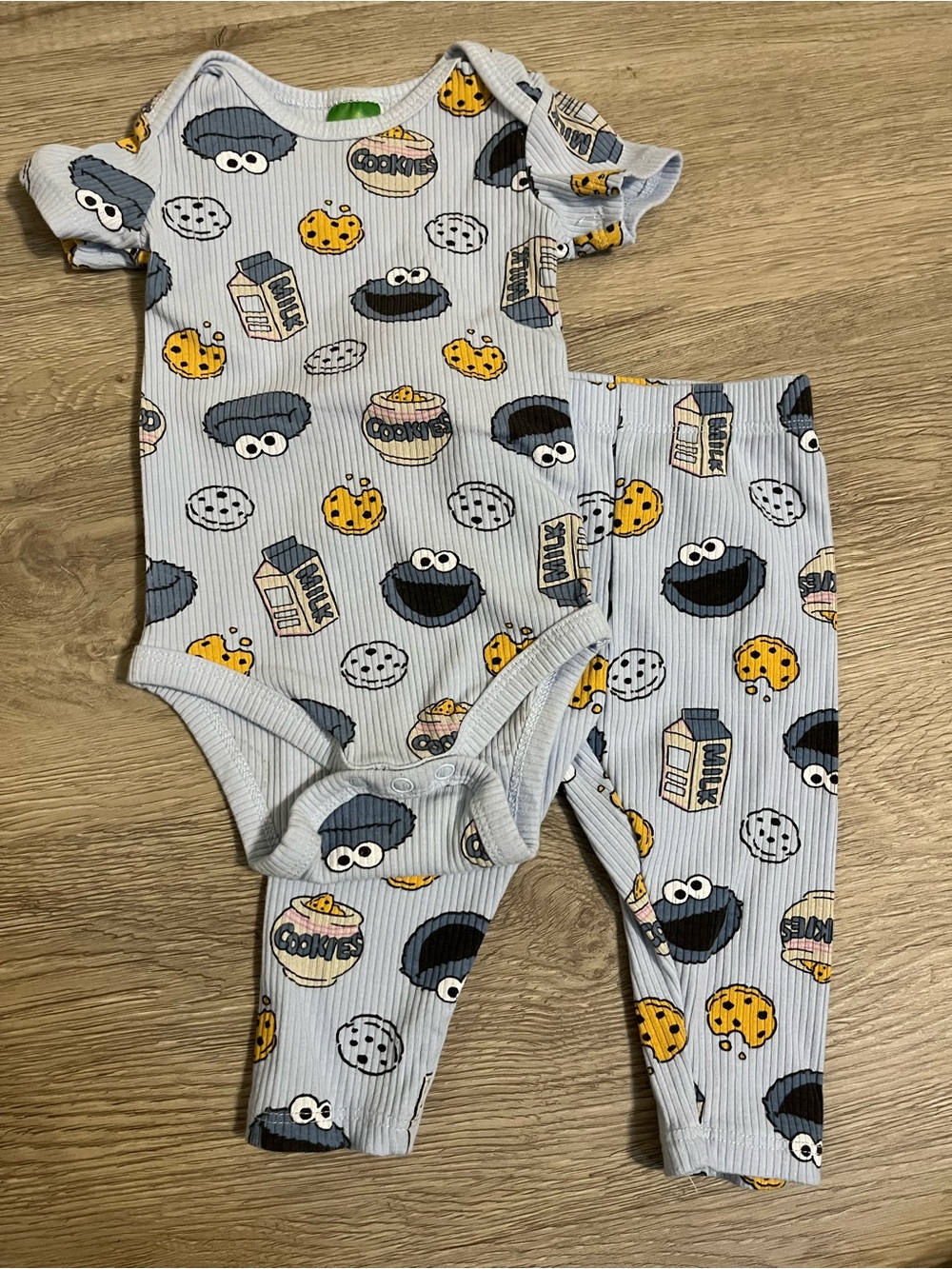 Sesame Street Cookie Monster Print Ribbed Baby One-Piece & Pants Matching Set